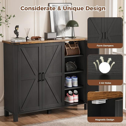ALLSTAND 5-Tier Shoe Storage Cabinet, Farmhouse Shoe Rack Organizer Cabinet with 4 Adjustable Shelves & Side Cabinets, Freestanding Shoe Cabinet Storage with Anti-tip Fitting for Entryway, Black