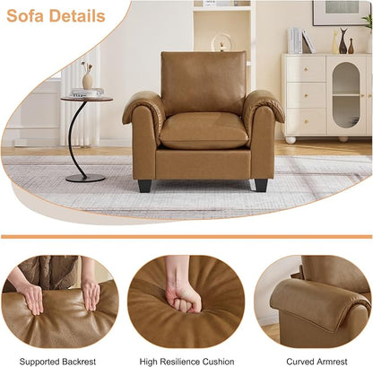 44.5" Faux Leather Single Sofa Sofa, Oversized Accent Chair with Curved Armrests, Cloud Modern Sofa Upholstered Deep Seat Reading Chair Armchair for Living Room, Bedroom，Light Brown