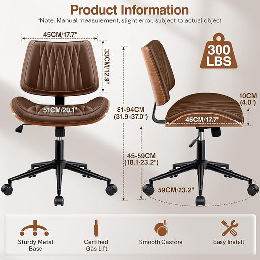 Ergonomic Armless Office Desk Chair - Mid-Century Modern Khaki Faux Leather with Diamond Stitch, Adjustable Height Swivel Rolling Task Computer Chair with Walnut Accent for Home Office, Study & Work