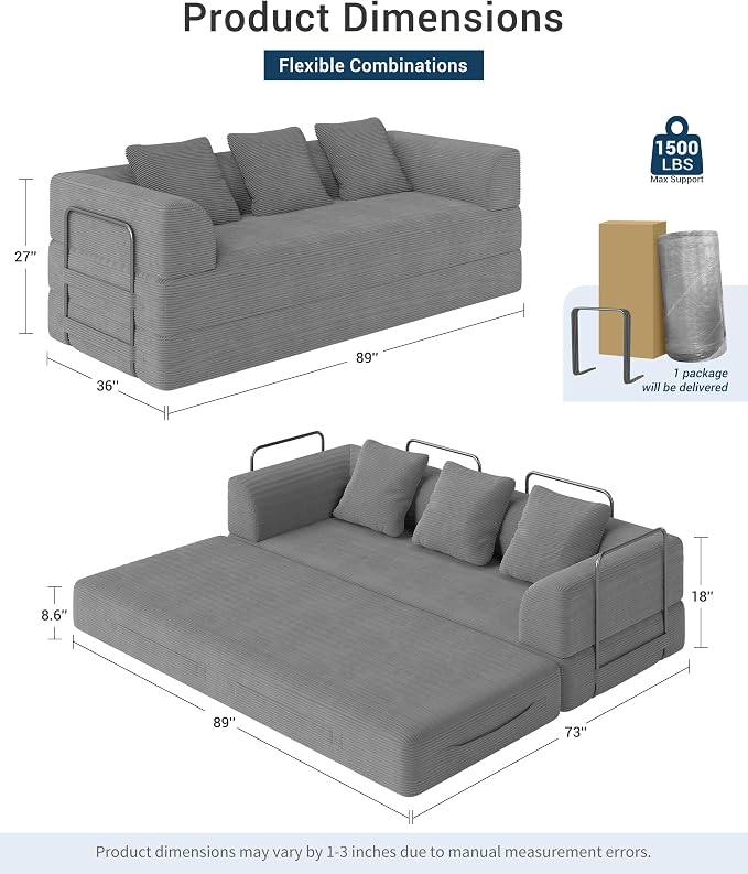 89" Cloud Boneless Convertible Sofa Bed, 5-in-1 Foldable Compressed High-Density Sponge Sofa, Corduroy Fabric 3 Seater Sleeper Couch Futon Daybed for Living Room Bedroom (Medium Gray)