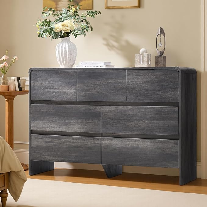 AMERLIFE 7 Drawer Dresser for Bedroom, 49" Wide Modern Chest of Storage Drawers with Rounded Corners, Anti-Tip Kit, Wood Cabinet Organizer for Closet, Living Room, Nursery, Easy Assembly, Black