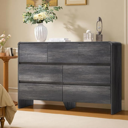 AMERLIFE 7 Drawer Dresser for Bedroom, 49" Wide Modern Chest of Storage Drawers with Rounded Corners, Anti-Tip Kit, Wood Cabinet Organizer for Closet, Living Room, Nursery, Easy Assembly, Black