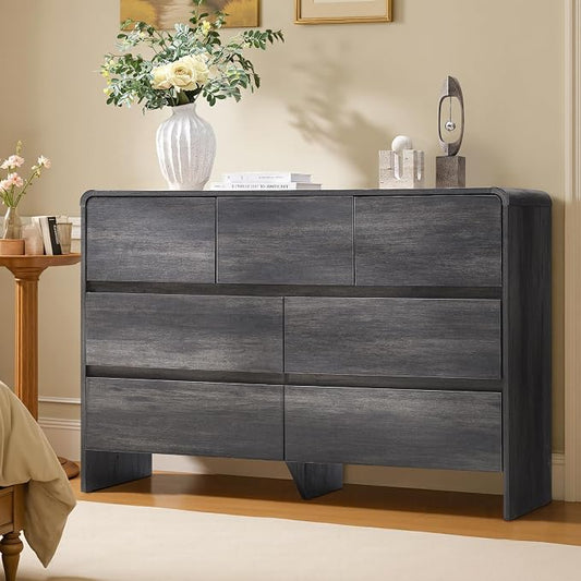 AMERLIFE 7 Drawer Dresser for Bedroom, 49" Wide Modern Chest of Storage Drawers with Rounded Corners, Anti-Tip Kit, Wood Cabinet Organizer for Closet, Living Room, Nursery, Easy Assembly, Black