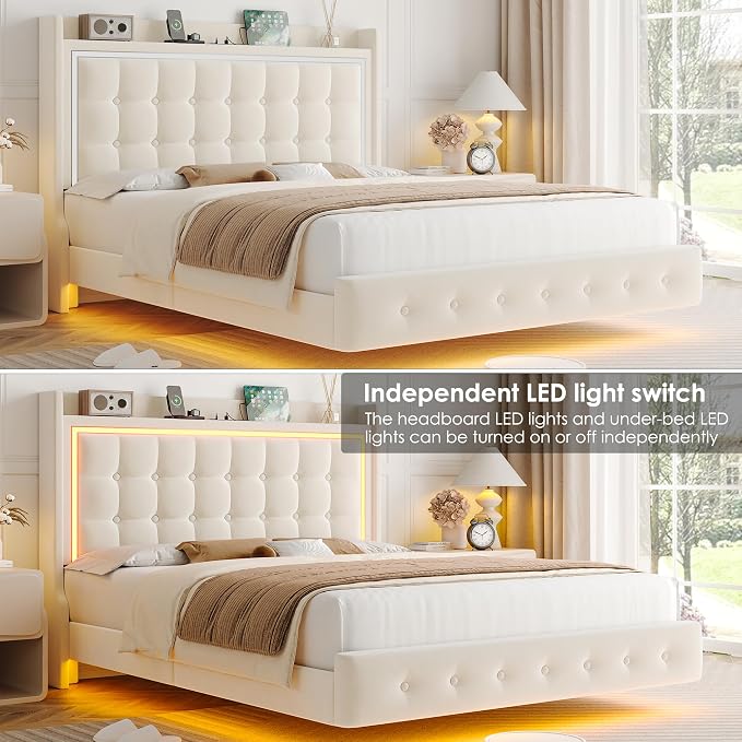 Keyluv Queen Floating Bed Frame with Storage Headboard, LED Lights & Charging Station Platform Bed, Soft Upholstered Velvet, USB/Type-C Ports, Easy Assembly, Beige