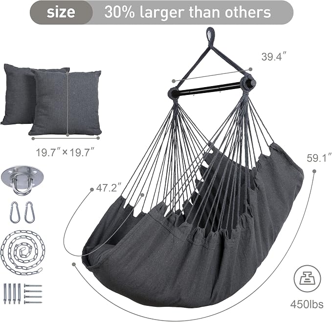 SUNCREAT Hammock Chair Swing with Steel Support Bar, Side Pocket, Large Hanging Chair Outdoor, Max 450lbs Capacity, Dark Gray