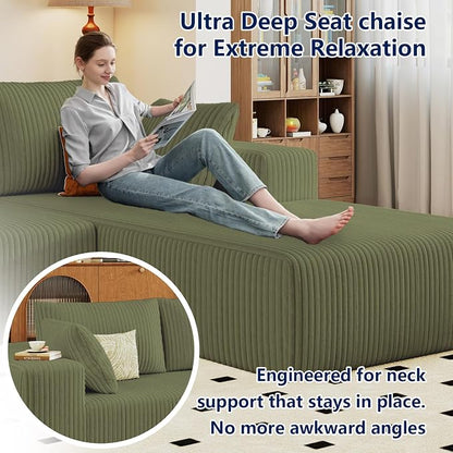 96" Modular Sectional Sofa, Modern Corduroy Cloud Couch with Deep Seat, Boneless Couch Upholstered 3-Seater L-Shaped Sofa for Living Room, No Assembly Required (Green, Right-Facing Chaise)