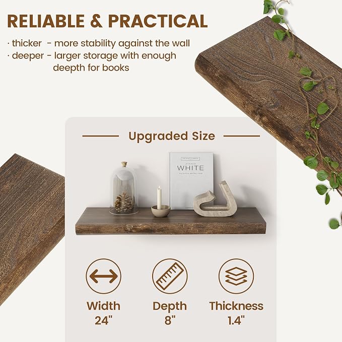 Live Edge Floating Shelves for Wall Decor, Solid Elm Wood Floating Shelves Wall Mounted, Rustic Wall Shelves with Invisible Bracket for Living Room Bathroom Bedroom Kitchen, 24 Inch Set of 2, Walnut
