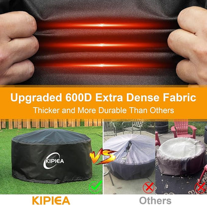 Kipiea Round Fire Pit Cover 100% Waterproof, 50" D x 24" H Outdoor Firepit Cover, Upgraded 600D Strong Tear and UV Resistant, Black