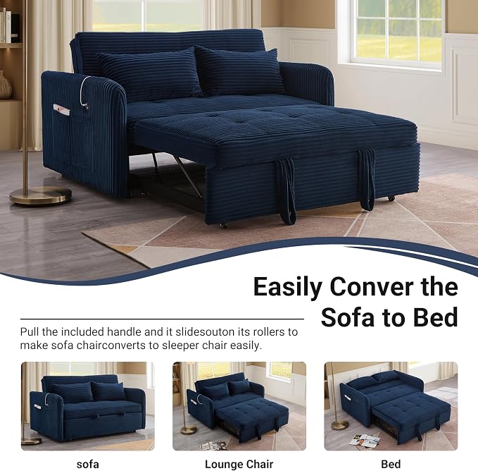 55.5" Corduroy Convertible Sofa Bed, Pull Out Sleeper Sofa Bed, Loveseat Couch with USB Charging Ports, 3 in 1 Convertible Sleeper Sofa Bed for Living Room, Apartment, Bedroom, RV, Blue
