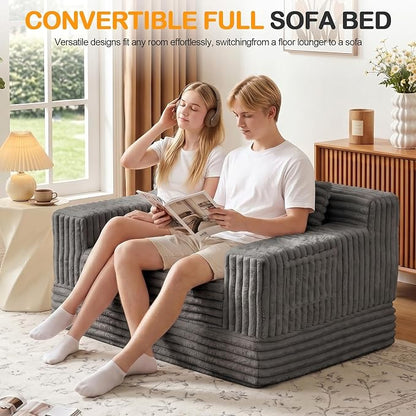 Erament Boneless Loveseat Convertible Sofa Bed, Folding Floor Futon Sleeper Sofa Couch Bed- Boneless Foldable Couch, Corduroy Pull Out Sofa Bed with 2 Pillows for Living Room & Bedroom