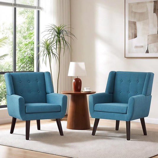 HUIMO Accent Chairs Set of 2,Upholstered Button-Tufted Living Room Chair with Wooden Legs,Mid Century Modern Linen Fabric Club Chair,Comfy Arm Chairs for Bedroom,Lake Blue 2PCS