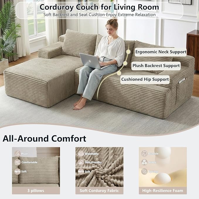 96" Cloud Sectional Couch with L-Shape Chaise, Modular Comfy Sofa Chaise Longue, Upholstered Corduroy Couches Sleeper with Deep Seat for Living Room Bedroom, No Assembly Required(Camel, Left Facing)