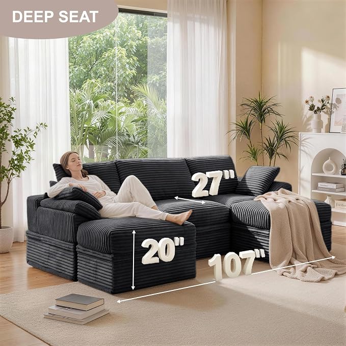 107" Modular U-Shaped Sectional Sofa with Storage, 3-Seat Corduroy Boneless Couch, 27" Deep Seat Cloud Couch & 2 Movable Ottoman, Tool-Free Assembly, Couch for Living Room, Grey