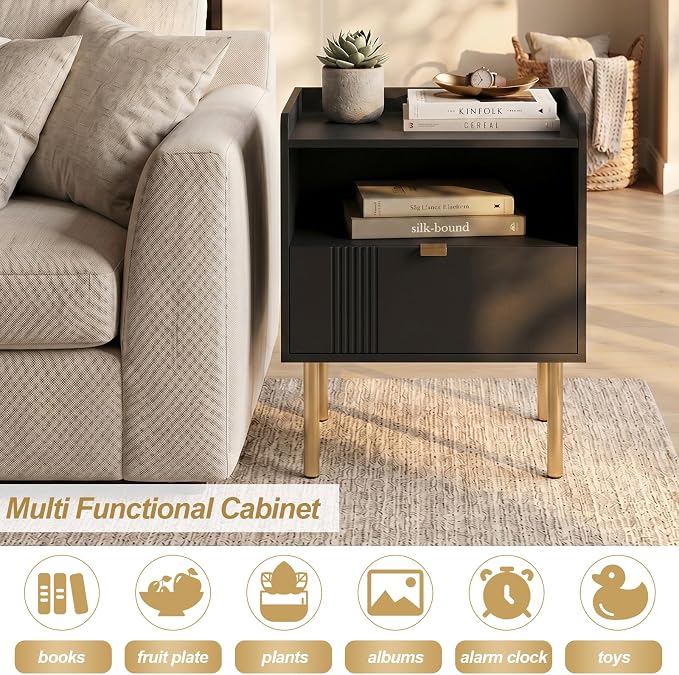 Black Mid-Century Modern Nightstand, End Table with Drawer & Open Shelf | Sturdy metal legs, space-saving for small rooms, quick assembly, raised anti-slip edge, fits bedroom dorm living room
