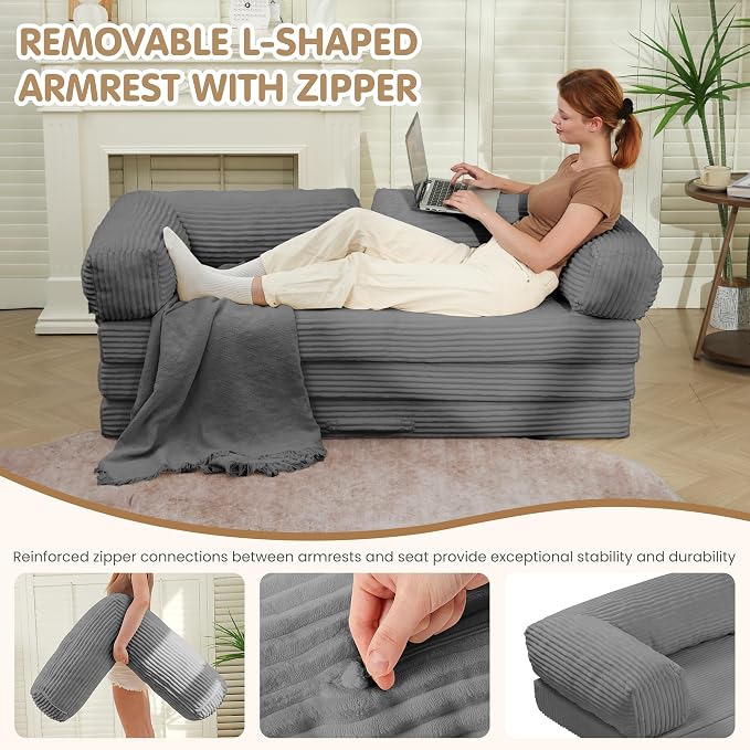 Convertible Sofa Bed Full,5-in-1 Folding Boneless Couch Corduroy Futon Sofa Bed,Tri-Fold Mattress with Removable Armrests & Handle,Sleeper with Pull Out Bed for Small Space Bedroom Grey