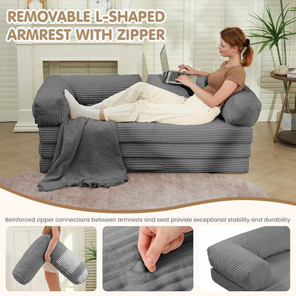 Convertible Sofa Bed Full,5-in-1 Folding Boneless Couch Corduroy Futon Sofa Bed,Tri-Fold Mattress with Removable Armrests & Handle,Sleeper with Pull Out Bed for Small Space Bedroom Grey