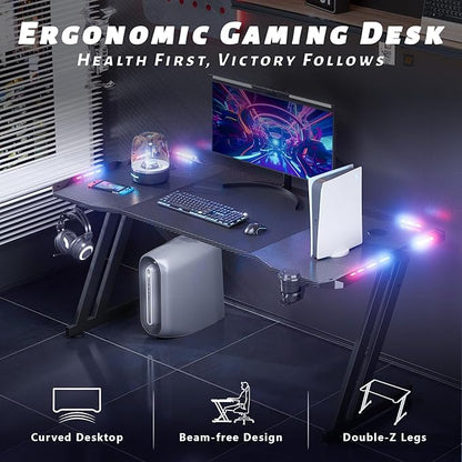 HLDIRECT 47 Inch Gaming Desk with LED Lights, Large RGB Computer Gaming Desk Table with Cup Holder Headphone Hook Mouse Pad, Ergonomic Modern Carbon Fiber Mesa Gamer Pc Work Home Office Desks, Black