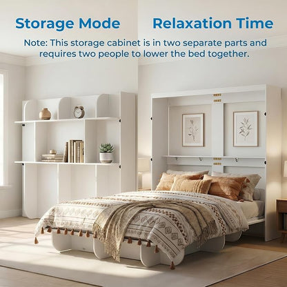 Mjkone Queen Size Wall Bed with Storage Shelf, Queen Wall Cabinet Murphy Beds with Bookshelf, 82" W Top Cabinet Bed Frame, Space-Saving Cabinets Beds for Bedroom/Guest Room/Studio/Office - White