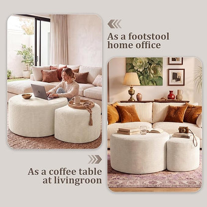 BSHOMGI Round Coffee Table Set of 2, Movable Ottoman for Corduroy Cloud Sectional Couches Circle Foam Round Side Table for Living Room, Bedroom Entryway and Small Spaces No Assembly (Beige)