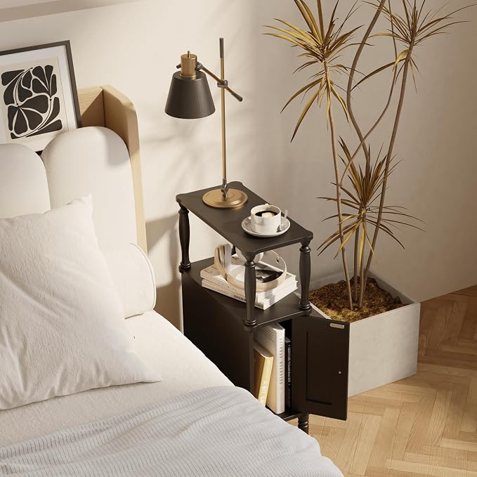 Veegle Narrow Nightstand,Skinny End Side Table (Black) | Mid-Century Modern Night stand with Storage,bedside table for Bedroom and Living Room