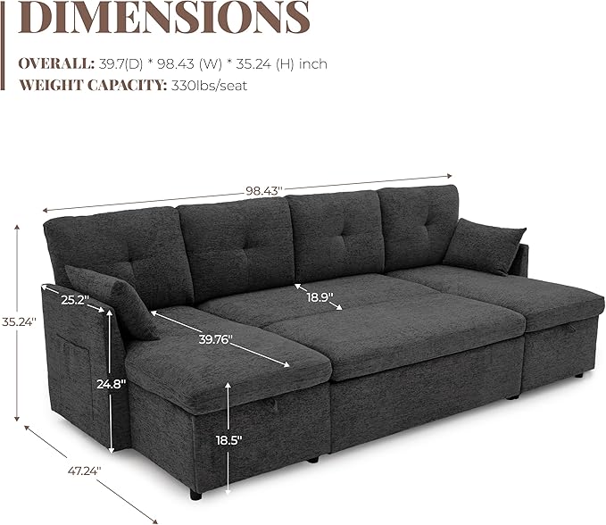 Huatean Home Oversized Sleeper Sofa Couch, 100 inch 2 in 1 Pullout Couch Bed with Side Pockets for Living Room, Sectional Sleeper Sofa Bed with Double Storage Chaise, Black