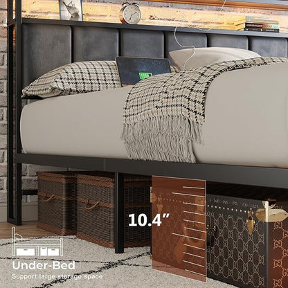 Queen Size Bed Frame with Upholstered Headboard and 2-Tier Storage Shelves | Metal / Charging Station / LED Lights / Under Bed Storage / Non-slip/ Noise Free / No Box Spring Needed / Black