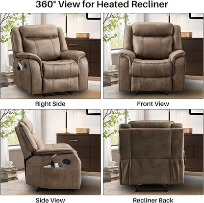 Massage Recliner Chair with Heat, Faux Leather Recliner Chairs for Adults, 39" Wide Manual Reclining Ergonomic Lounge Chair, Overstuffed Wall Hugger Recliners for Living Room, Nut Brown