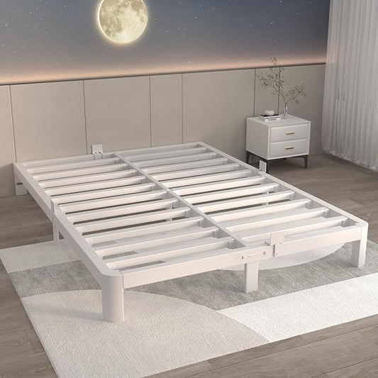 ITIMIDI 6 Inch White Full Size Bed Frame, Platform Bed Frames with Metal Gaskets, Heavy Duty Steel Support 3500 LBS, No Box Spring Needed, Anti-Slip Mattress Stopper, Easy Assembly