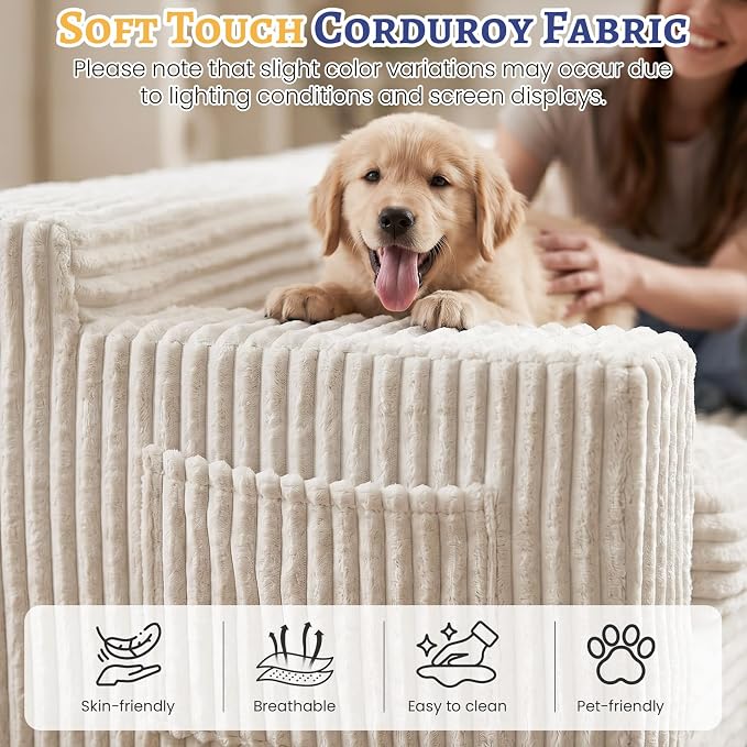 Boneless Couch, Cloud Loveseat Sofa Corduroy Couch in a Box, Upholstered Boneless 3 Seater Couch for Living Room Bedroom Office Apartment, No Assembly Required, Beige