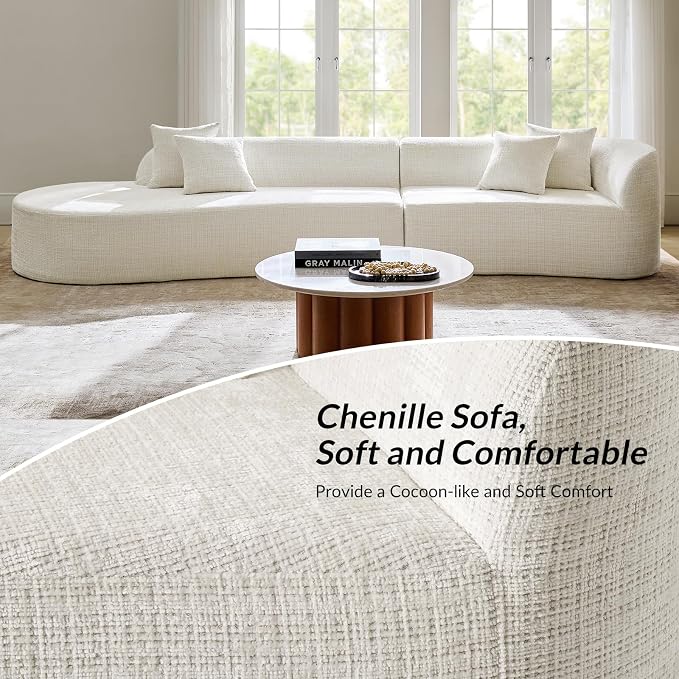 141.75" Modern Curved Compressed Sofa, All-Foam Cloud Couches with 4 Pillows, No Assembly Required Boneless Sectional Sofas, Large Floor Couch for Living Room, Ivory