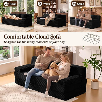 78.7IN Folding Sofa Bed - Convertible Sleeper Sofa Couch with Zippered Pillows, 3 Seater Couches Bed for Living Room, Bedroom, Apartment, No Assembly Required, Freestanding, Corduroy, Black