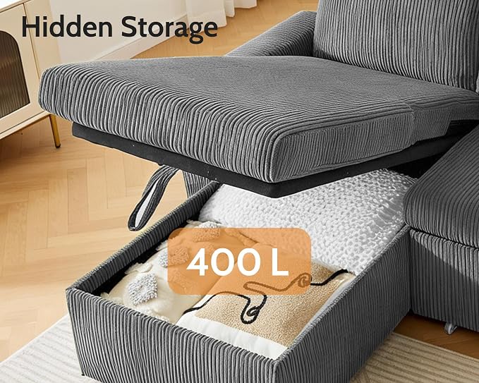 WEUP 82" L Shaped Sectional Sleeper Sofa Bed with Pull Out Bed, Sectional Sleeper Couch Pull Out Couch with Reclining Backrest/Reversible Storage Chaise/USB Ports/Tool-Free Assembly, Corduroy Grey