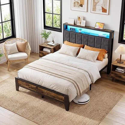 OLEVS Full Size Bed Frame with Charging Station & LED Light, 2-Tier Storage Headboard & Footboard, Type C & USB Ports Metal Platform Bed, No Box Spring Needed, Easy Assembly