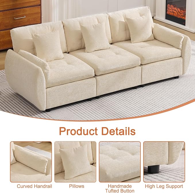 84" Modular Cloud Sofa, Deep Seat Tufted Chenille 3-Seater Sectional Couch with Curved Arms, Comfy Sofas for Living Room, Beige