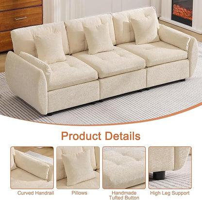 84" Modular Cloud Sofa, Deep Seat Tufted Chenille 3-Seater Sectional Couch with Curved Arms, Comfy Sofas for Living Room, Beige