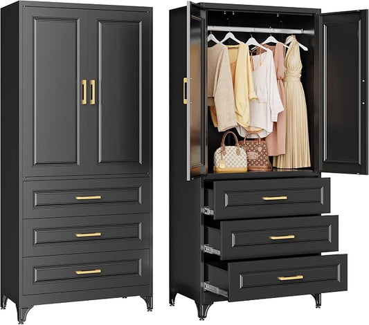 Metal Wardrobe Cabinets with 3 Drawers,Black Armoire Wardrobe Closet with Hanging Rod,Clothes Storage Cabinet with Adjustable Shelves and Doors,Clothing Cabinet for Bedroom,Laundry Room