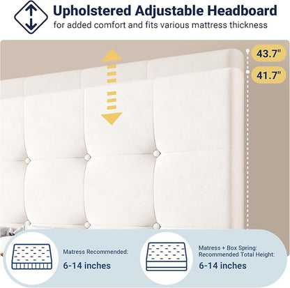 Allewie Upholstered Queen Size Platform Bed Frame with 4 Storage Drawers and Adjustable Headboard, Square Button Tufted, Wooden Slats Support, Noise-Free, No Box Spring Needed, Easy Assembly, White