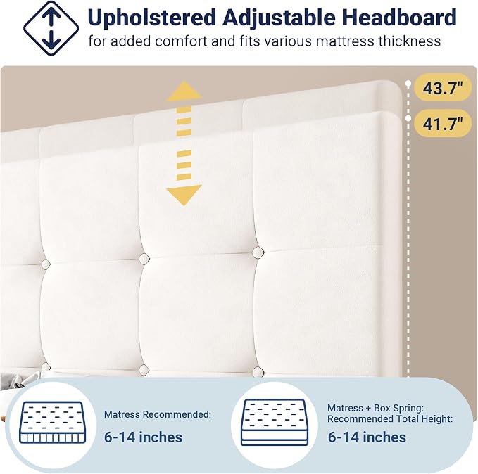 Allewie Upholstered Full Size Platform Bed Frame with 4 Storage Drawers and Adjustable Headboard, Square Button Tufted, Wooden Slats Support, Noise-Free, No Box Spring Needed, Easy Assembly, White