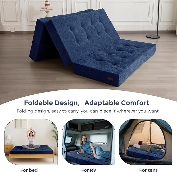 MAXYOYO 6" Folding Sofa Bed for Floor, Tufted Tri-Fold Floor Mattress with Chenille Fabric, Queen Size Portable Sofa Couch Guest Mat for Adults, Foldable Topper for Camping, Navy, 59"x78.7"