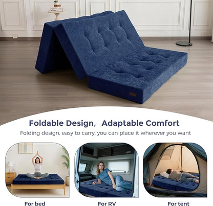 MAXYOYO 6" Folding Sofa Bed for Floor, Tufted Tri-Fold Floor Mattress with Chenille Fabric, Queen Size Portable Sofa Couch Guest Mat for Adults, Foldable Topper for Camping, Navy, 59"x78.7"