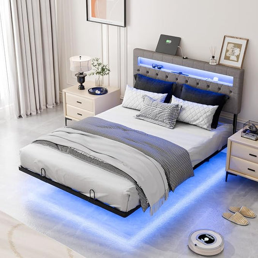 VINGLI Full Size Floating Bed Frame with LED Lights, Adjustable Velvet Upholstered Bed with Charging Station, Modern Metal Full Bed, Easy Assembly, No Box Spring Needed, Grey