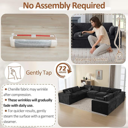 146''Cloud Boneless Sectional Couch, Modular Sectional Sofa Deep Seat, Oversized Upholstered Convertible Comfy 8 Seater Chenille Memory Foam Sofa U Shape Couches for Living Room, Dark