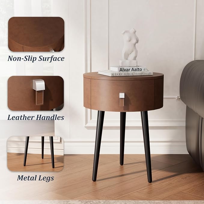 Round Nightstand Set of 2 with Single Drawer, Modern Bedside Table with Metal Legs for Bedroom, Leather Side Table, Small Accent End Table, Brown