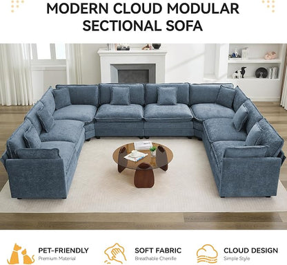 147'' Oversized U Shaped Cloud Sectional Sofa, Chenille Deep Seat Couches for Living Room, Comfy Upholstered Modular Sectional Sofa Couch, Blue