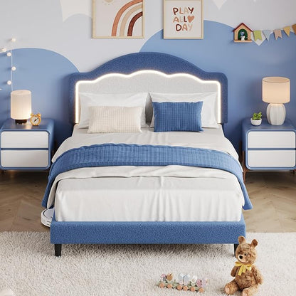 IDEALHOUSE Full Bed Frame with LED Headboard, Boucle Fabric Upholstered Platform Bed with LED Light for Kids, Girls, Wooden Slats Support, No Box Spring Needed, Blue