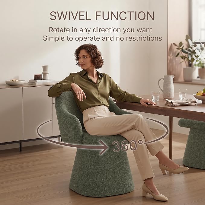 KISLOT Swivel Dining Chairs Set of 2, Upholstered Modern Barrel Dining Chairs with 360° Swivel Base, Chenille Velvet Fabric Accent Kitchen Chairs with Arms, Padded Dining Room Chairs, Green