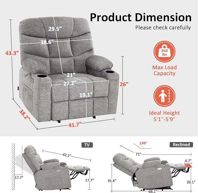 MCombo Oversized Power Lift Recliner Chair with Extended Footrest, Extra Wide for Big and Tall Elderly People, Fabric R7289 (Light Grey, Medium-Wide)