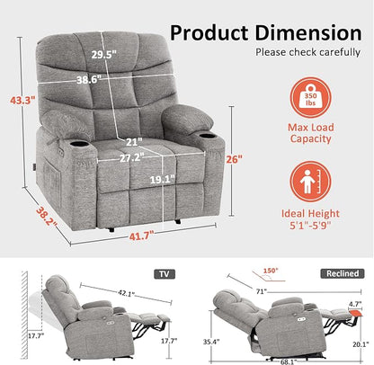 MCombo Oversized Power Lift Recliner Chair with Extended Footrest, Extra Wide for Big and Tall Elderly People, Fabric R7289 (Light Grey, Medium-Wide)