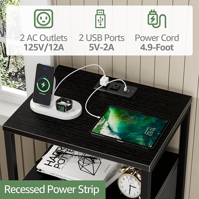 BOLUO Black Nightstand with Charging Station, LED Night Stand with 2 Fabric Drawers, Bedside Table with USB Ports and Outlets, Nightstand for Bedroom Modern