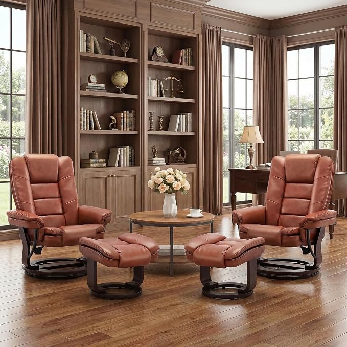 Swivel Recliner Chair with Ottoman Reclining Lounge Sofa Footrest, Set of 2 | 360°Sturdy Wood Base, Soft PU Leather, Upholstered Ultra-Plush Foam, Modern Armchair, Living Room Bedroom Office Reading Home